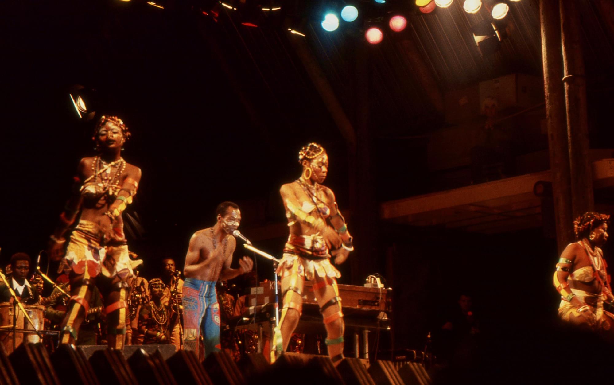 Fela Kuti performs on the Pyramid Stage.